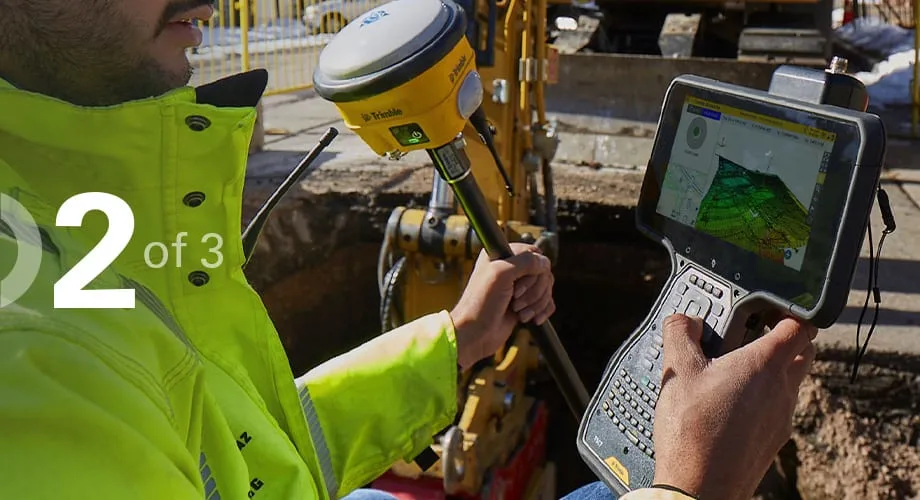 Civil contractor using construction technology in the field with a text overlay indicating this is the second article of a th