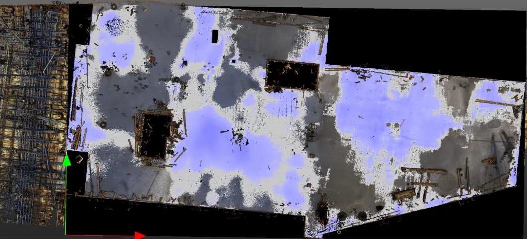 3D scan overlaying colored data onto a concrete structure, highlighting wear and tear.