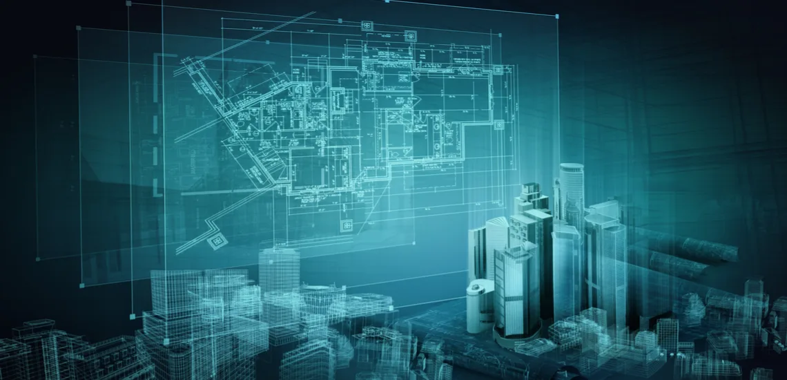 Digital architectural blueprint overlaying a 3D cityscape model, showcasing futuristic urban planning and design