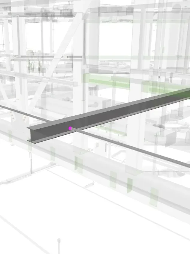 3D rendering of a steel beam within a building's structural framework.