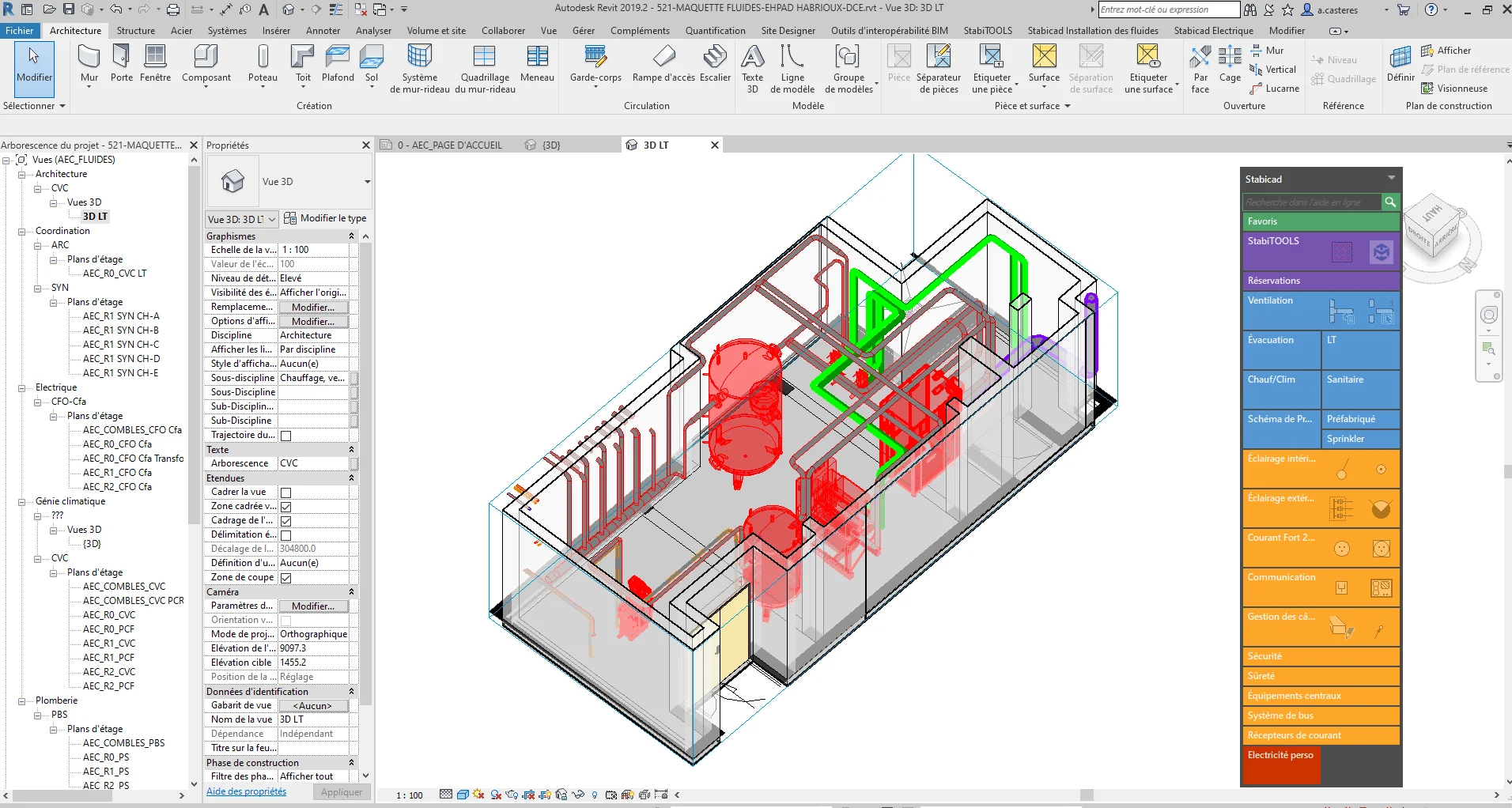 Revit workspace displaying a 3D model of building MEP systems (red equipment, green pipes), project browser, and Stabicad.