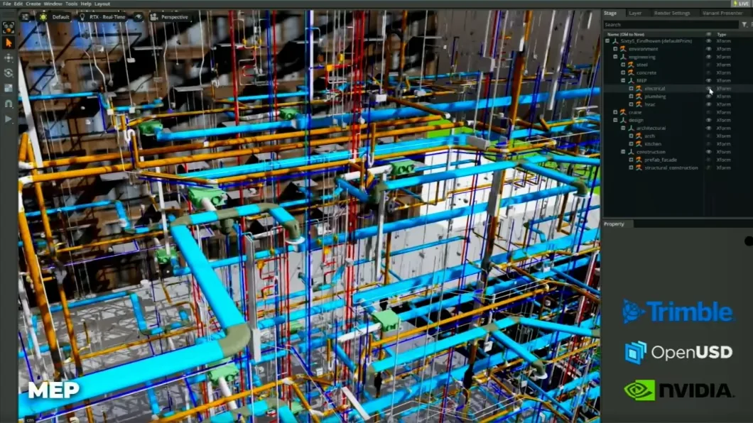 Detailed 3D digital twin of complex building MEP systems with Trimble, OpenUSD and NVIDIA logos.