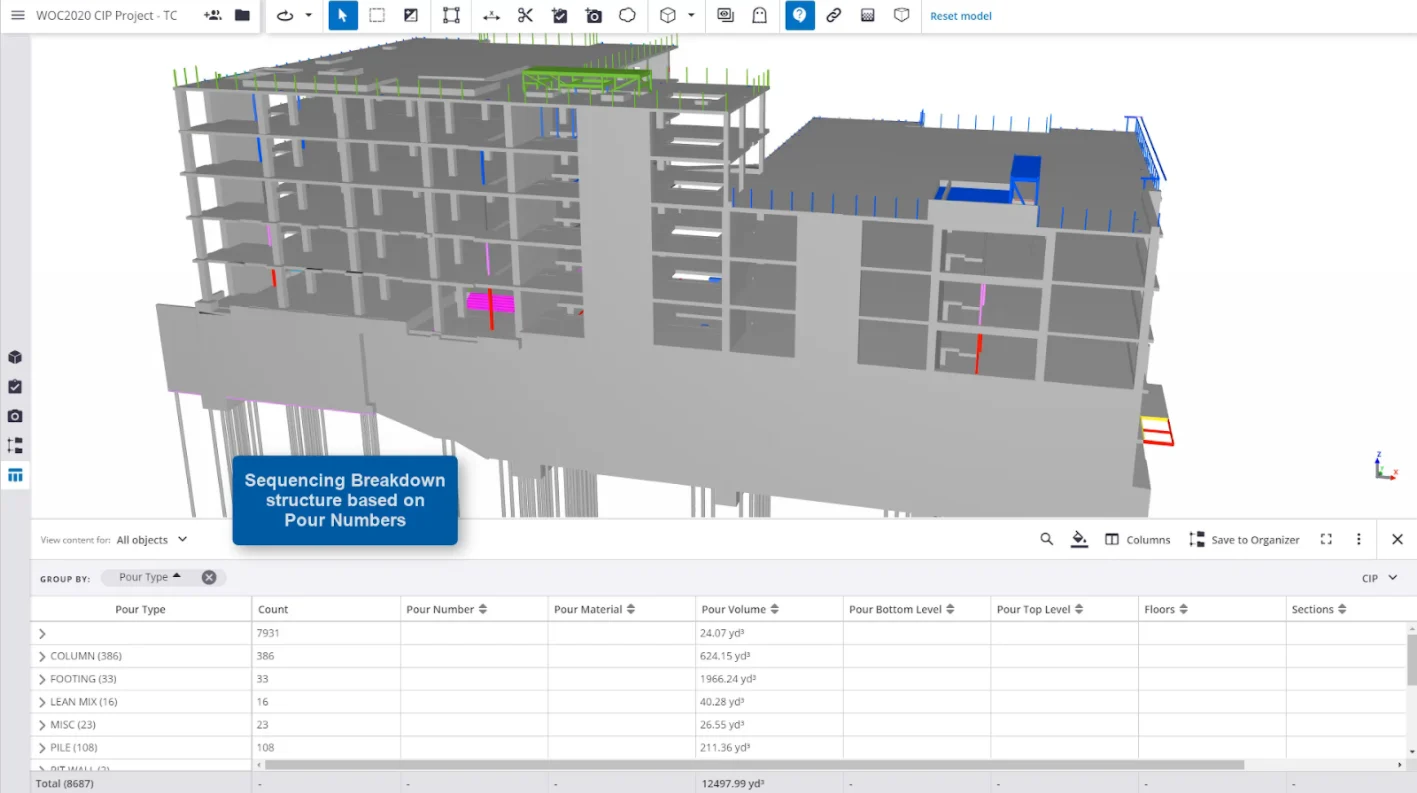 Sequencing breakdown based on pour numbers in Trimble Connect  