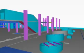 3D model rendering of Arkadin Pilarit building with cyan and magenta structural elements.