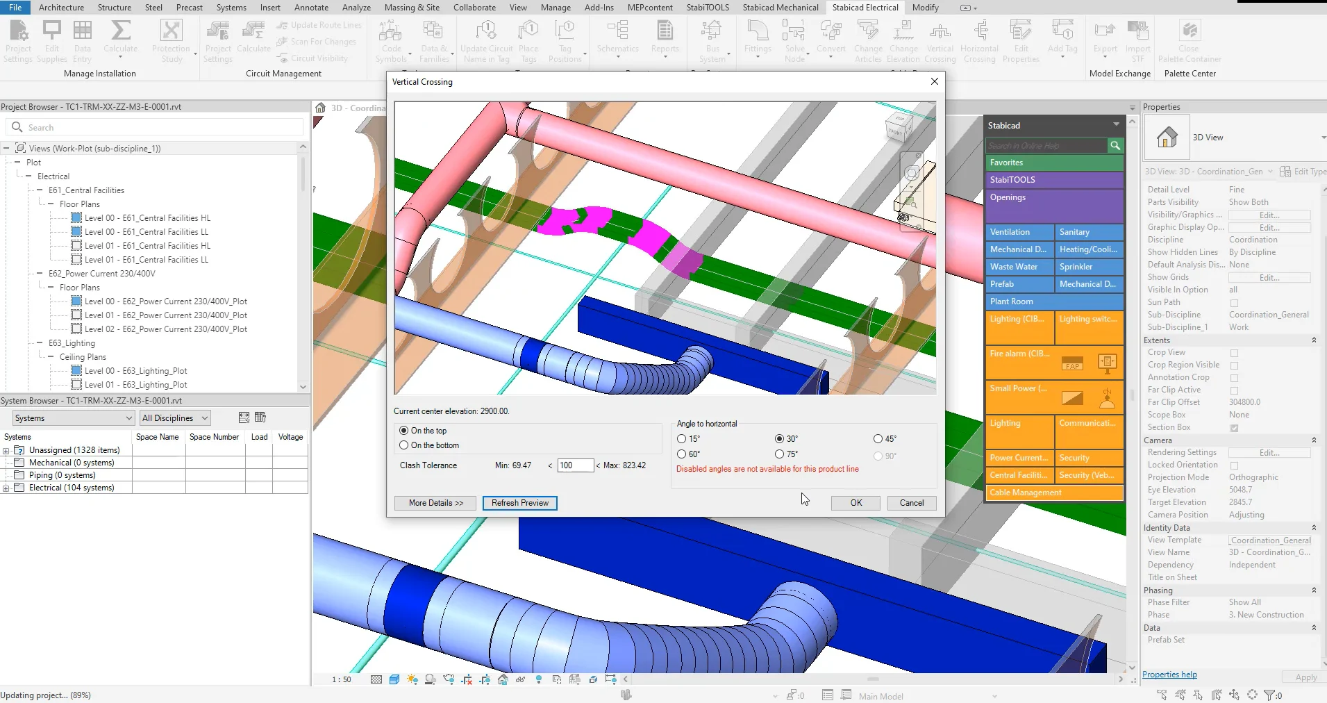 Stabicad for Revit interface showing pipework ducts with vertical crossing options in a 3D model.