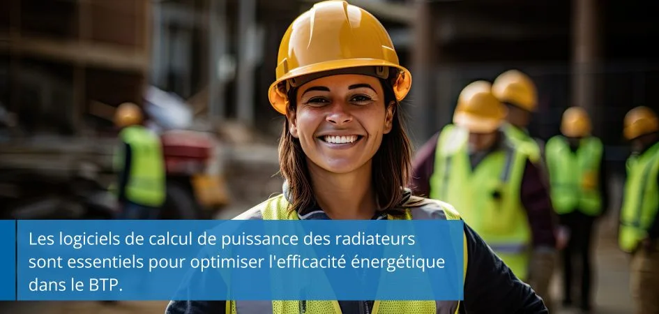 A smiling woman stands in front of a construction site, with other workers in the background.