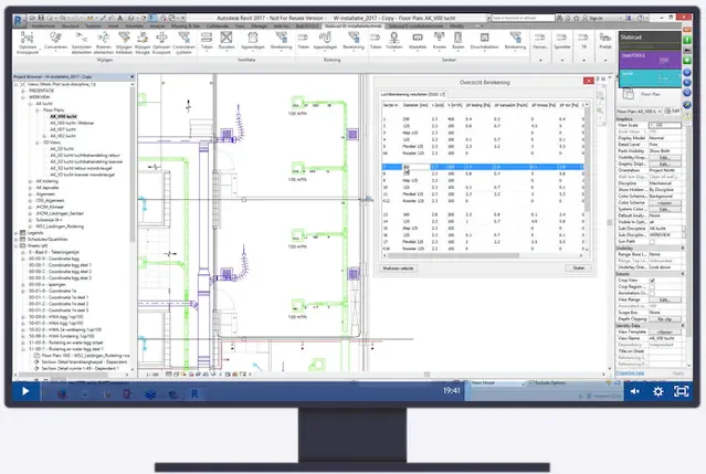 Screenshot of Autodesk Revit software displaying a building floor plan with HVAC ductwork and a table of system calculations.