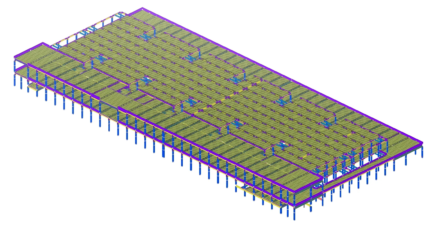 A 3D rendering of a large, multi-level building structure with a visible skeleton of blue steel beams and purple supports.