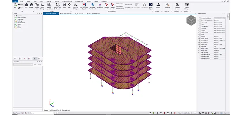 3D Tekla Structural Designer Solver view, the model shows purple Solver nodes covering precast slabs