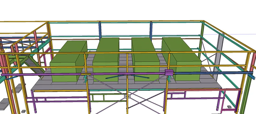 3D rendering of a data center with four green server racks on a raised platform, surrounded by a colorful metal framework and piping.
