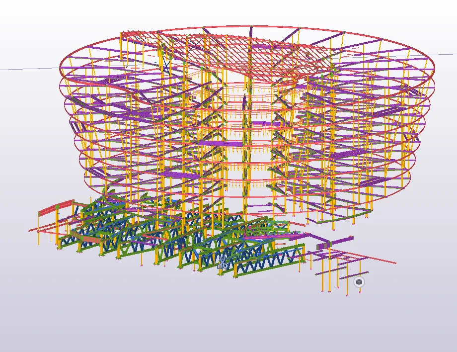 3D model of a steel structure with a cylindrical upper section and a truss-supported lower section.