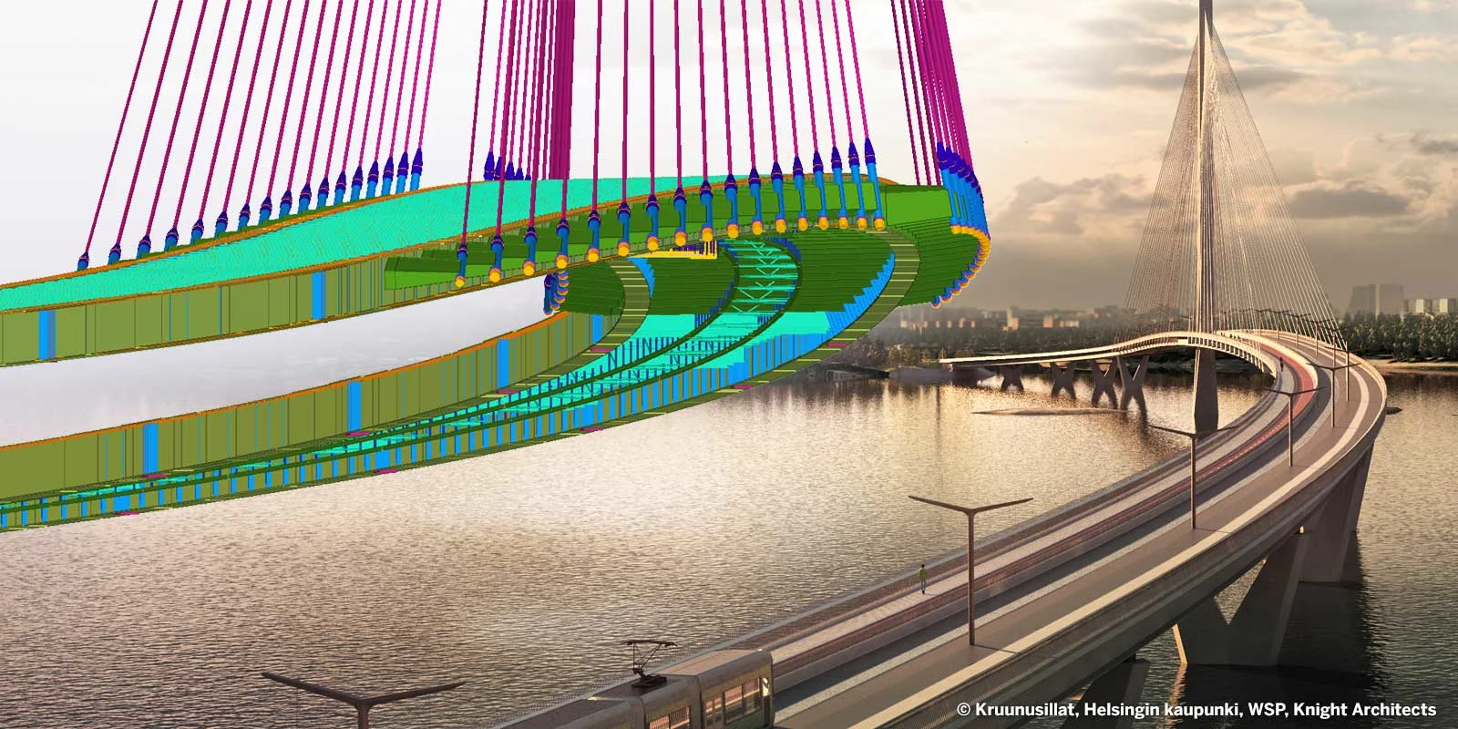 An artistic rendering of a modern cable-stayed bridge, showing both the detailed engineering model and the final design over a body of water.