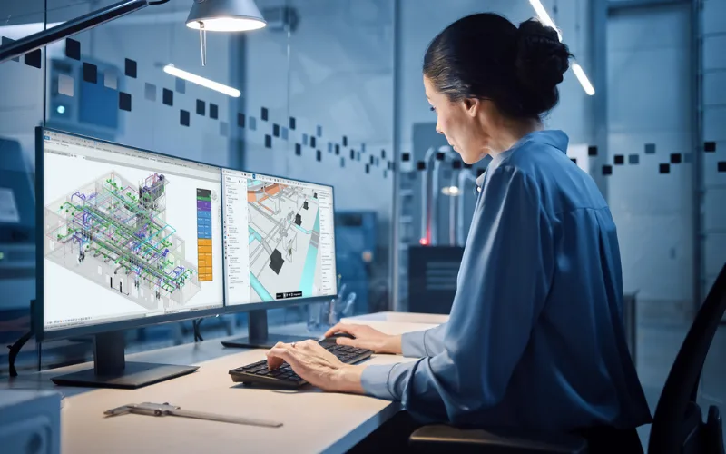 Woman looking at a 3D BIM model on her desktop computer