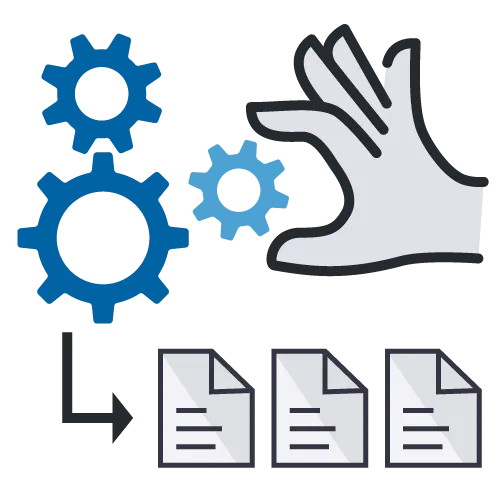 An illustration showing gears and a hand symbolizing automated processes that lead to multiple documents.