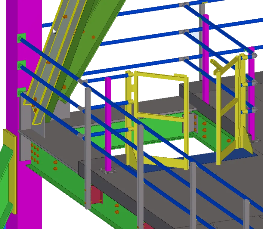 3D rendering of industrial scaffolding with metal beams and blue railings.