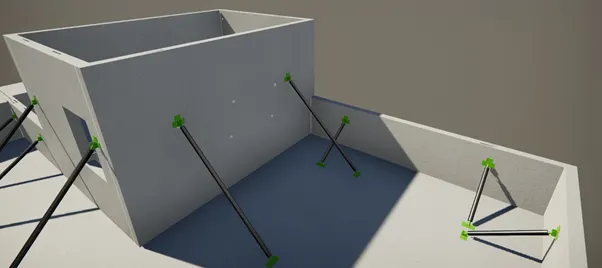 3D rendering of a concrete structure with reinforcement bars and connectors.