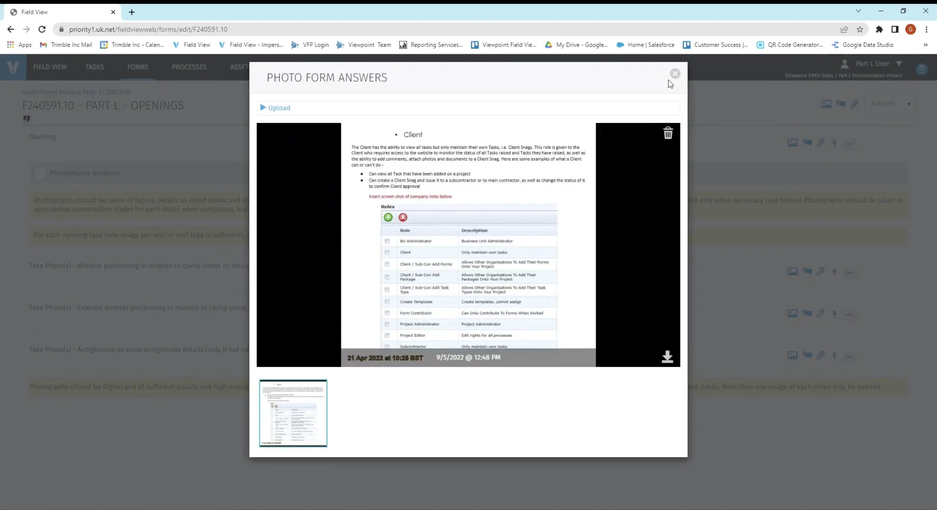 Screenshot of Part L photographic evidence from a browser in Field View