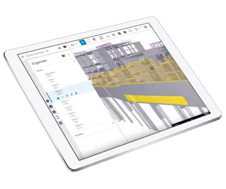 Tablet displaying a BIM model with floor organization on the left and a 3D view on the right.