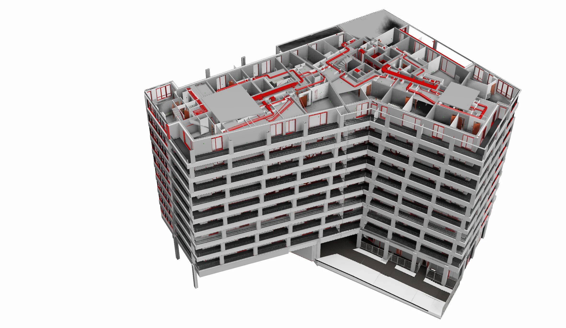 3D architectural model of a building with exposed red piping systems on the upper floors against a white background.