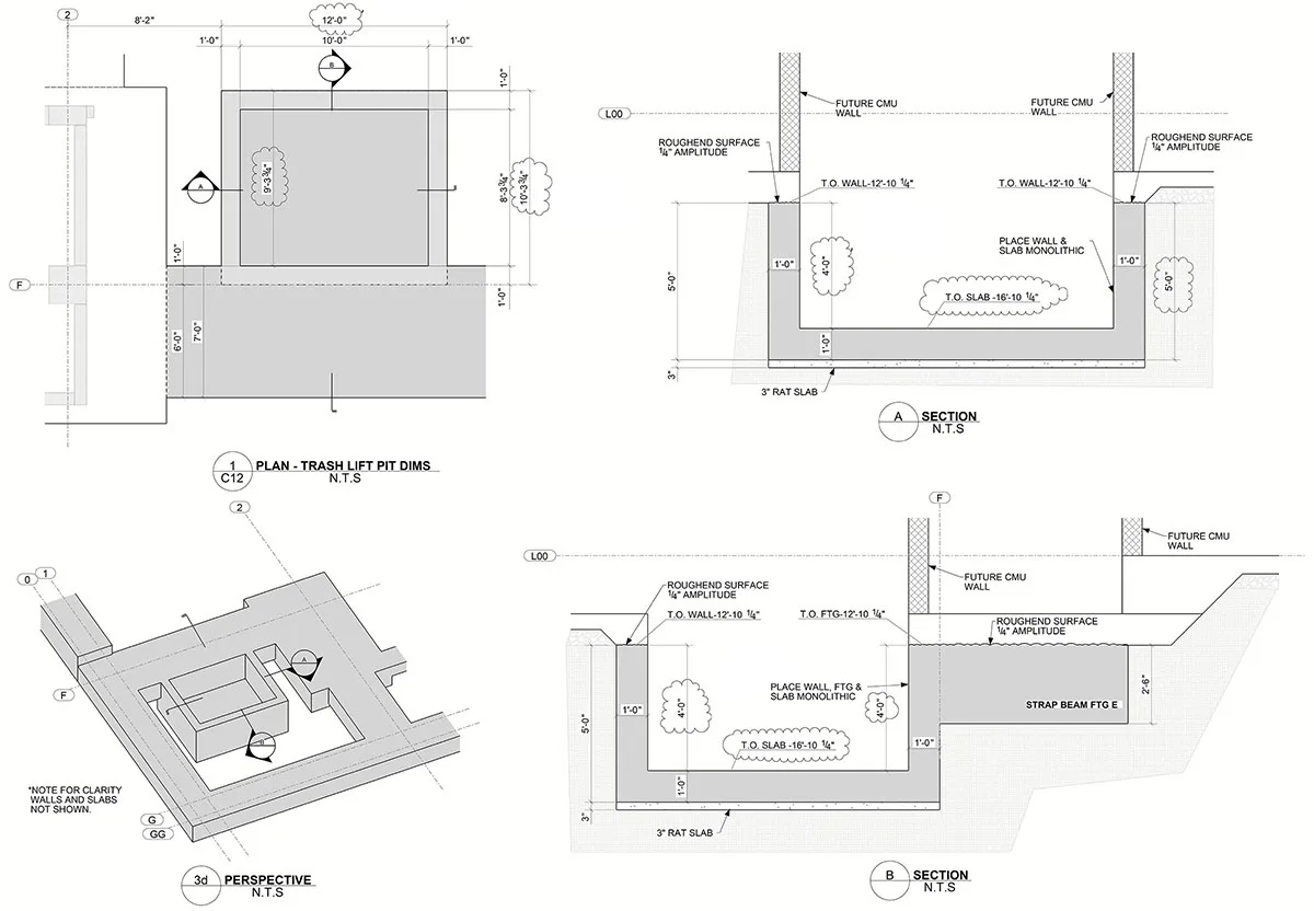 Architectural drawings showing plans and sections of a trash lift pit.