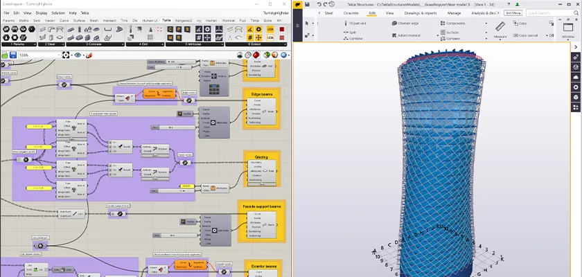 Rhino Grasshopper screenshot showing many nodes next to Tekla Structures model