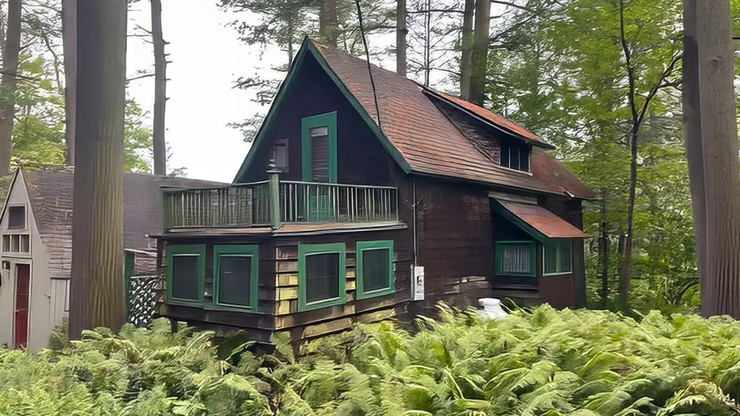 A dark brown Victorian cottage with green trim and a steep gable roof, sits in the woods with lush ferns in the foreground.