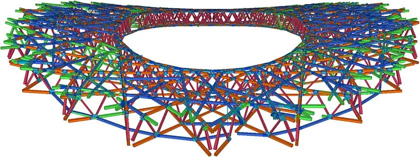 A 3D rendering of a complex, circular, multi-colored lattice structure is shown.