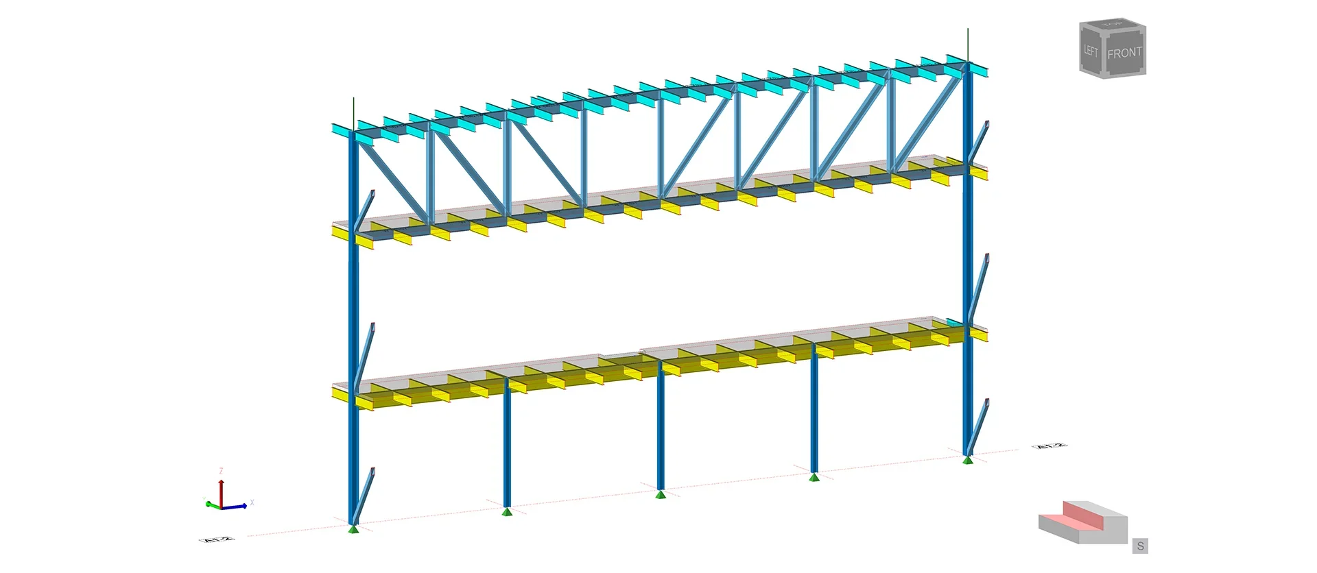 3D CAD model of a 2-level blue steel industrial racking system, yellow cantilever arms, grey platforms, truss bracing. XYZ axis & view cube.