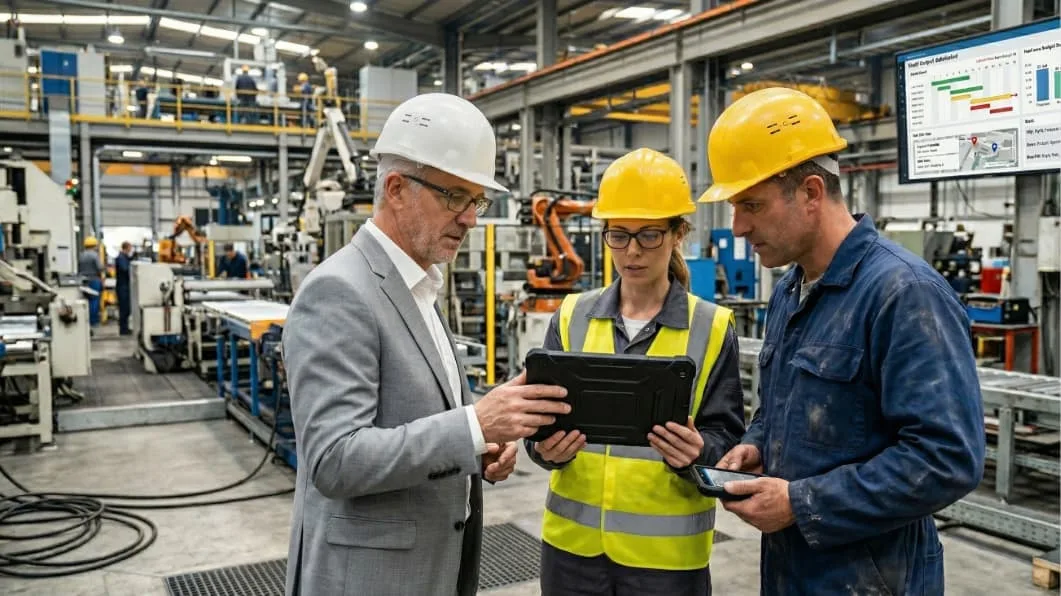Three engineers in hard hats and safety vests look at a tablet together on a factory floor.