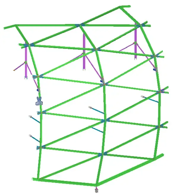 Tekla 3D rendering of a structural engineering model with green beams and purple supports.
