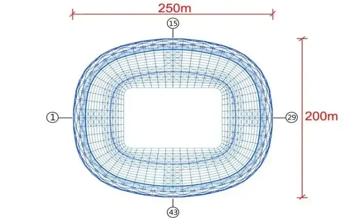 Top-down architectural rendering of a stadium's grid shell structure, showing dimensions of 250m length and 200m width.