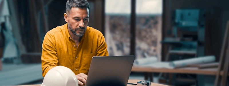 A focused contractor in a yellow shirt works on a laptop in a woodshop next to a white hard hat.