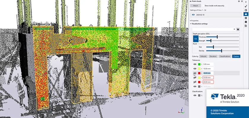 Point cloud visualization showing clash checking of existing precast panel against model
