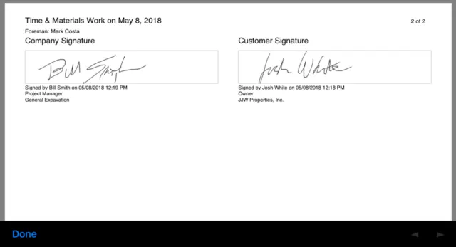 Time & Materials Work document, page 2 of 2, showing Company Signature by Bill Smith and Customer Signature by Josh White.