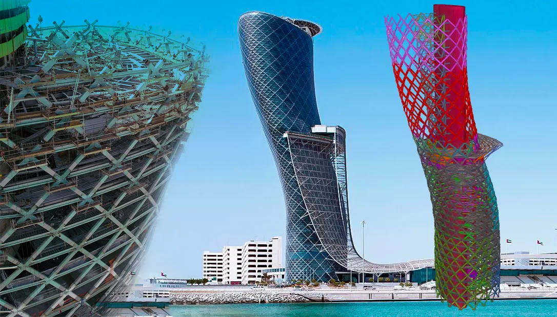 Architectural rendering of a curved skyscraper under construction, juxtaposed with a digital model of its structural framework.