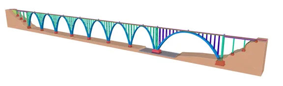 A 3D model of a long bridge with multiple arches, supported by pillars on concrete foundations, spans across a landscape.