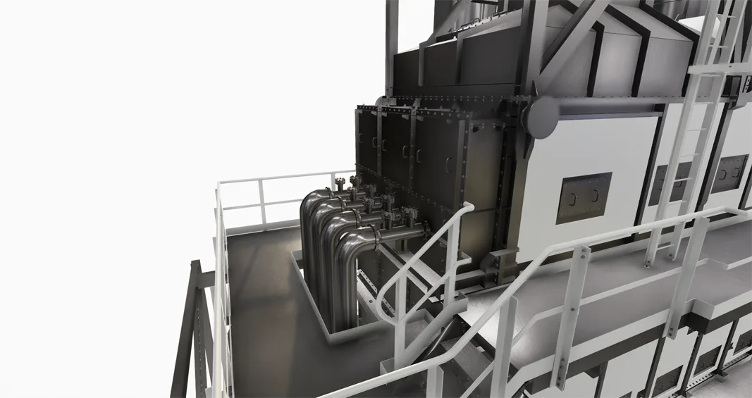 A 3D rendering of industrial equipment, featuring a complex arrangement of pipes and large metallic units with access platforms and stairs.