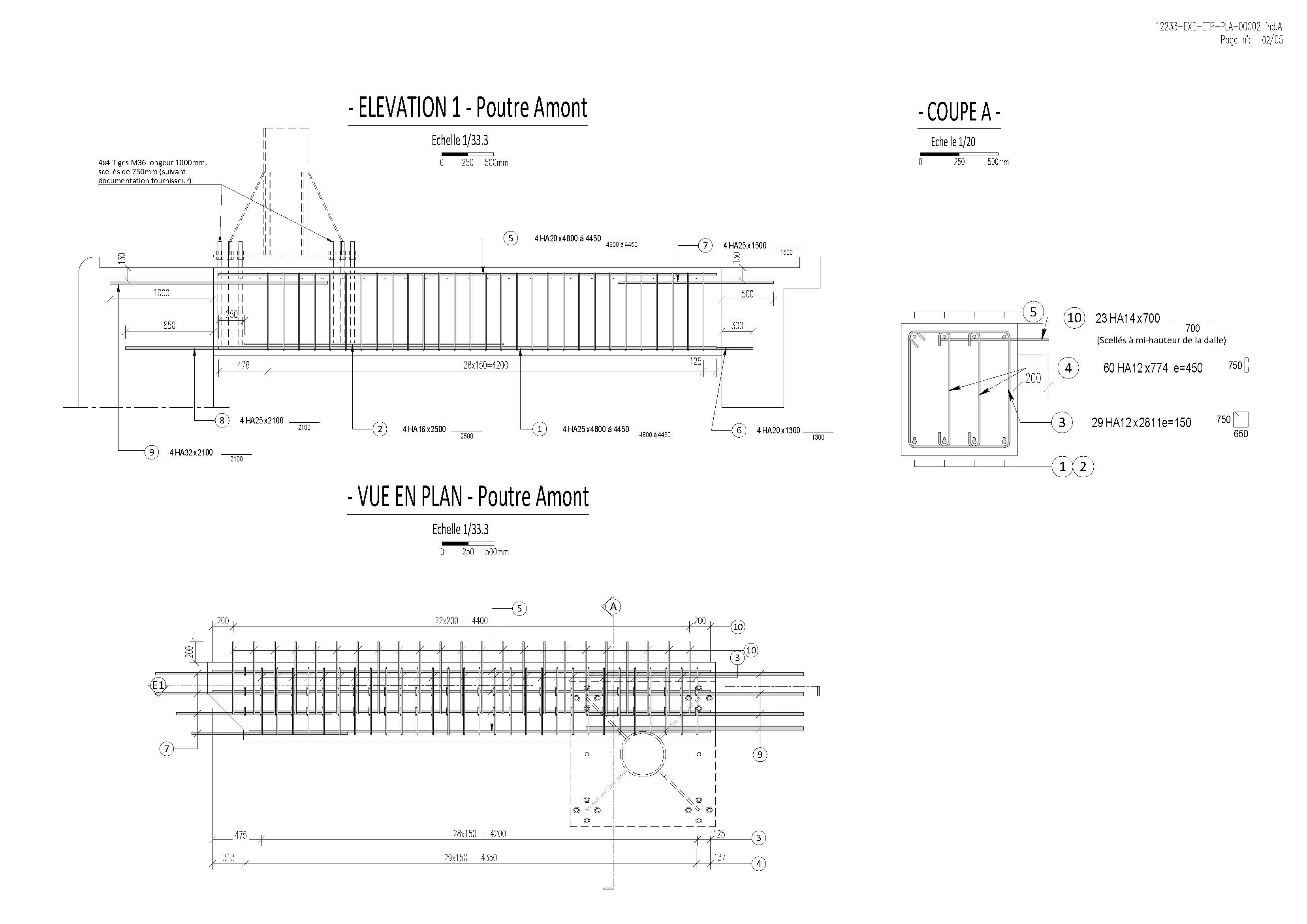 Architectural blueprints showing the elevation, plan, and cross-section of a concrete beam and its reinforcement.