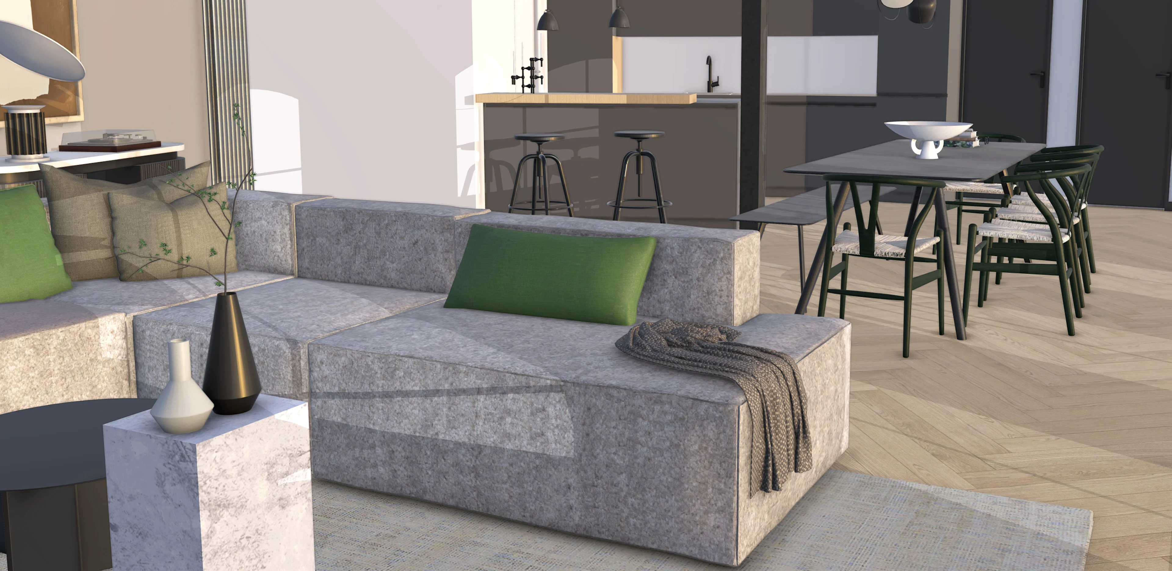 在用 SketchUp 制作的室内休闲空间模型中，沙发、毯子和石制边桌的材质表现纤毫毕现，背景是餐桌和水吧台。