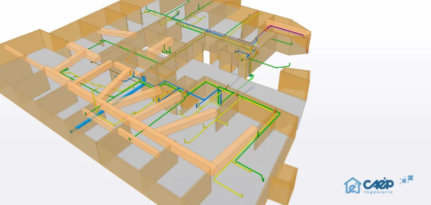 3D BIM model of a building's HVAC system with wooden beams and transparent walls.