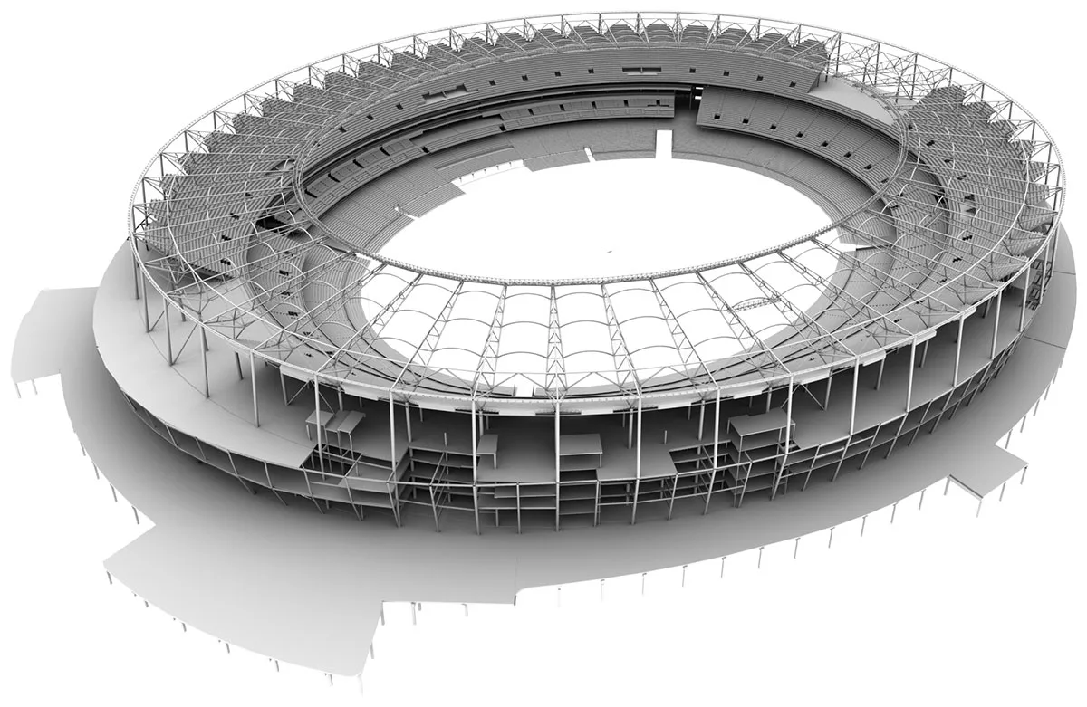 A grayscale 3D rendering of a stadium under construction, showing the skeletal framework of the structure and tiered seating.
