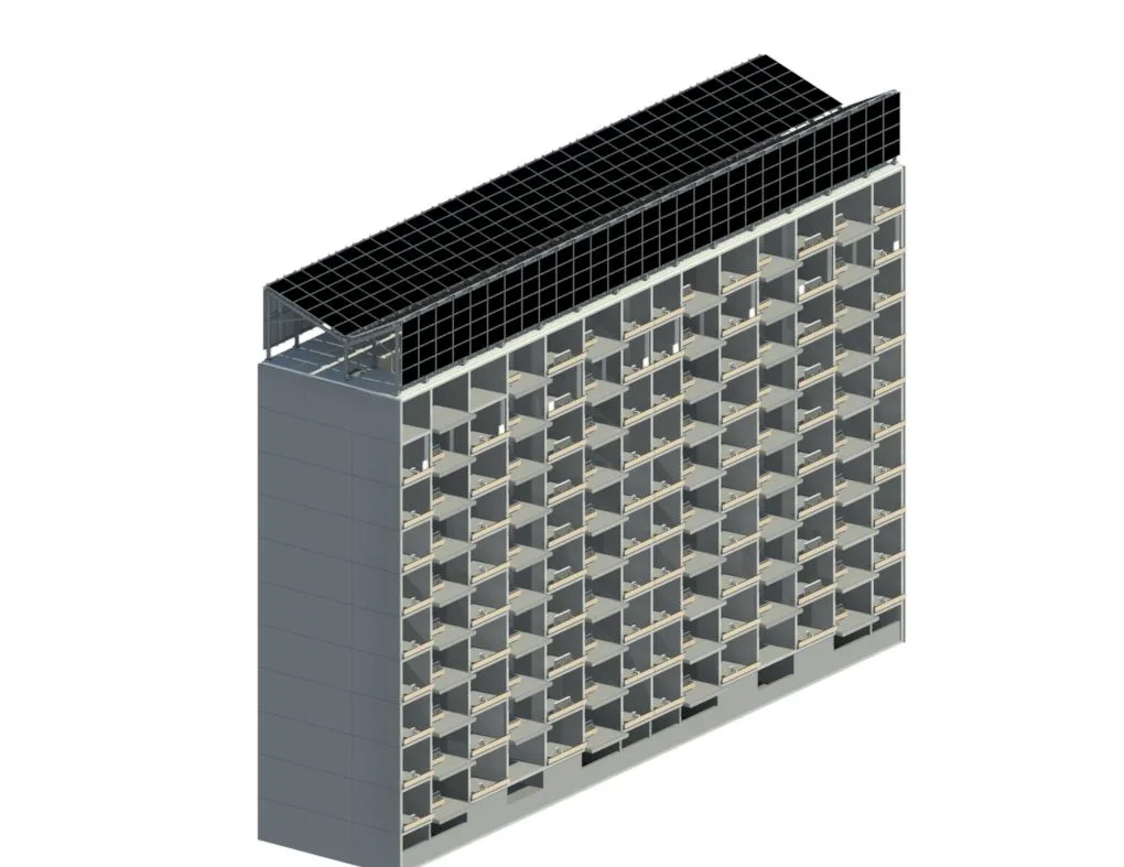 3D model of a multi-story building under construction, showing an exposed grid of rooms and a rooftop solar panel array.