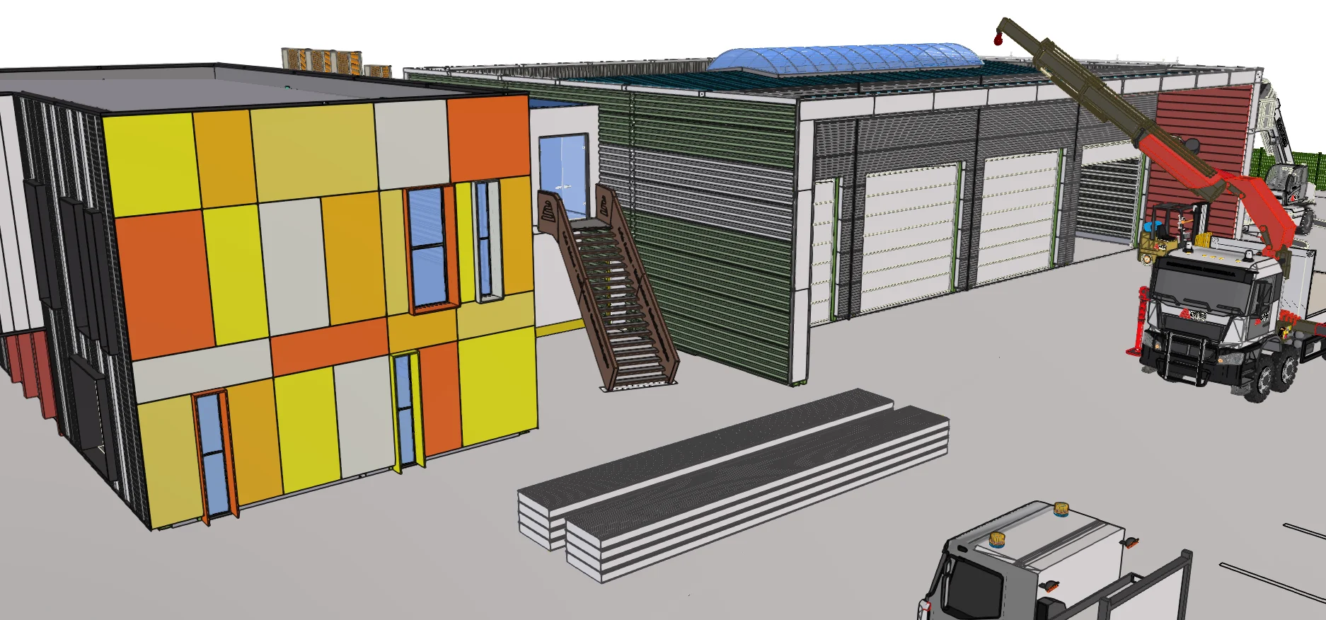 An architectural rendering of a modern building complex featuring a multi-paneled facade and a industrial building with roll-up doors and a crane.