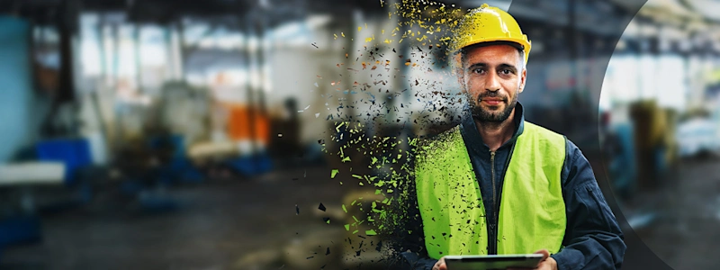 A worker in a yellow hard hat and safety vest dissolves into digital fragments against a blurred industrial background, symbolizing digital transition.