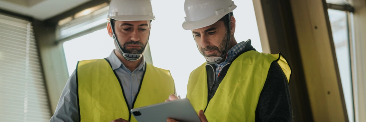 Two engineers in hard hats and safety vests review data on a digital tablet in a bright office.