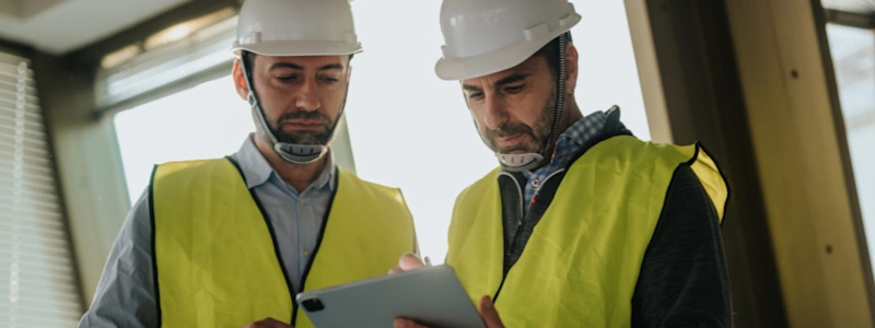 Two engineers in hard hats and safety vests review data on a digital tablet in a bright office.