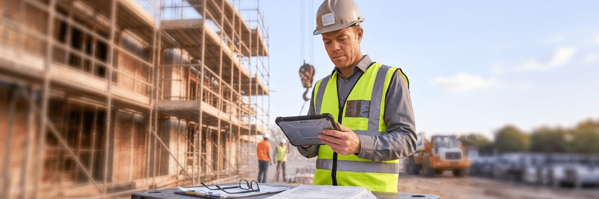 A construction project manager looks over invoices and receipts on the jobsite.