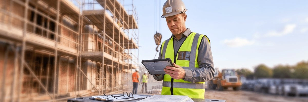 A construction project manager looks over invoices and receipts on the jobsite.