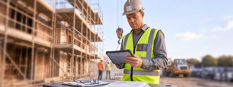 A construction project manager looks over invoices and receipts on the jobsite.