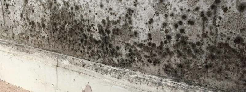 Close-up of extensive black mold growth and damp patches on a white wall and baseboard.